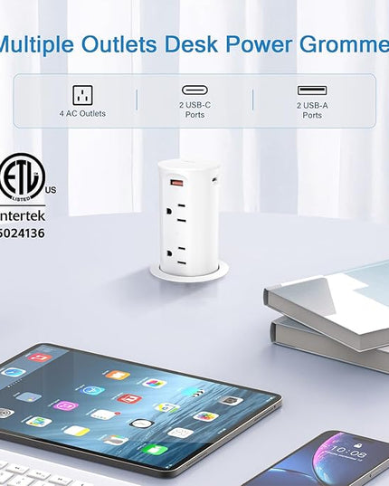 Pop up Outlet for Countertop,65W USB C Fast Charging Port,2.5-inch Hole Desktop Power Grommet,Recessed Power Strip,4 Outlets 4 USB Ports,15Amp Tamper Resistant Receptacle,ETL Listed (White)