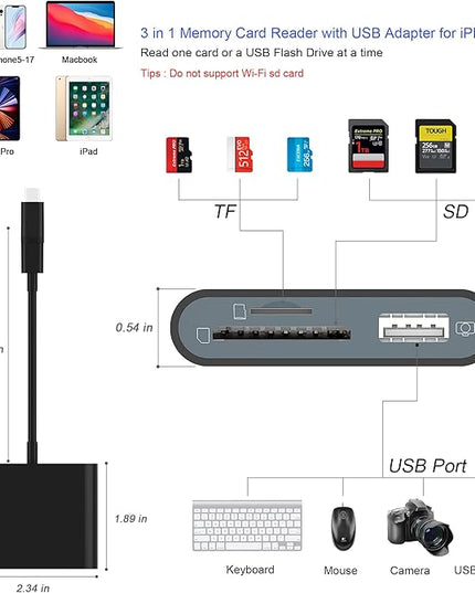 SD Card Reader for iPhone, Memory Card Reader with USB-C to Light-ning Adapter Plug and Play Trail Game Camera Micro SD Card Viewer Support SD/TF Card and USB for iPad No App Required (Black)