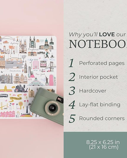Steel Mill & Co Cute Mini Spiral Notebook, 8.25" x 6.25" Journal with Durable Hardcover and 160 Lined Pages, Travel Icons