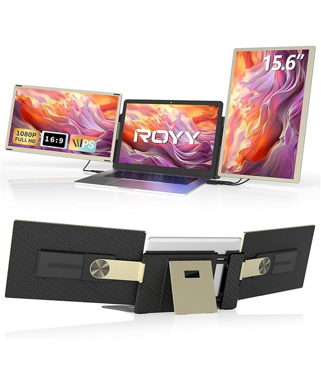 ROYY Laptop Screen Extender Triple Monitor - 15.6" Detachable Portable Computer Monitor, FHD 1080P IPS 235 Degrees Rotation Extra Screen Compatible with Mac Wins Dex Chrome Fits 13-17" Laptop