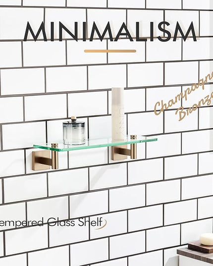 KOKOSIRI Wall Shelves Bathroom Hardware Glass Floating Shelf 12-Inch for Bedroom, Living Room, Kitchen, Hanging Rack Champagne Bronze B1105CPG-L12