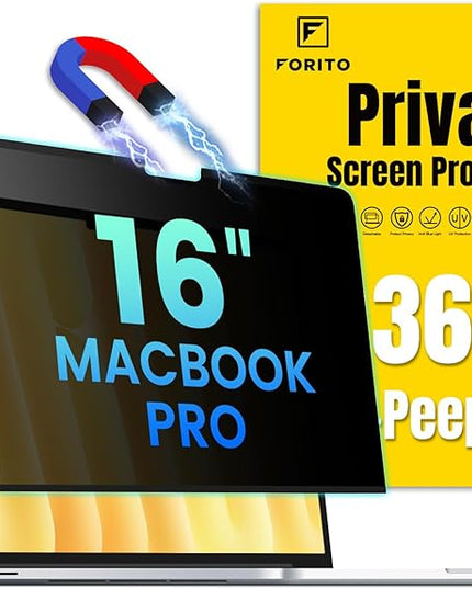 F FORITO Magnetic Privacy Screen Protector Compatible with MacBook Pro 16 inch (2021-2024, M1, M2, M3, M4 Pro/Max), Removable 360° Anti Peeping Anti Blue Light Anti Glare Laptop Privacy Shield