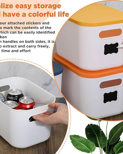 Thyle 12 Pack 7 Quarts Plastic Storage Bins for Christmas Storage with Lids Handles Colorful Stackable Desktop Box Bins with Label for Shelf Drawer,10 x 7 x 6 Inch (White)