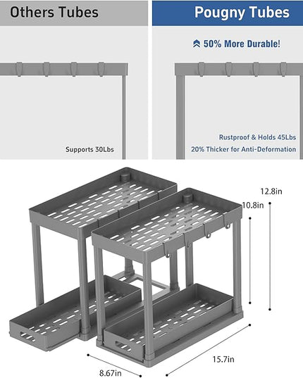 2PC Under Sink Organizer Rack 2 Tier Under Sliding Cabinet Basket Organizer Drawer with 4 Hooks, Multi-purpose Under Sink Storage for Bathroom Kitchen Desktop（Grey）