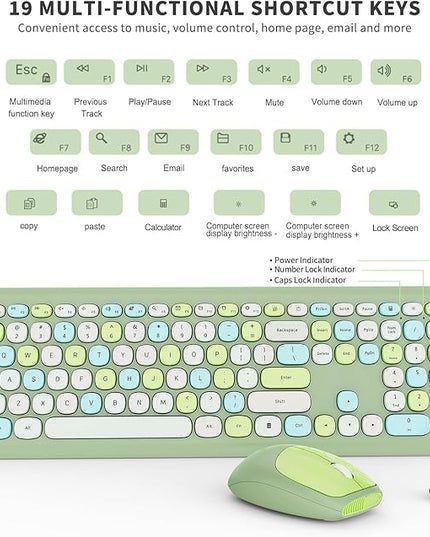 Wireless Keyboard and Mouse Combo, Colorful Ergonomic Full Size Retro Low-Noise Keyboard with Cute keycaps, Compatible with Windows, PC, Perfer for Home and Office Keyboards (Green)