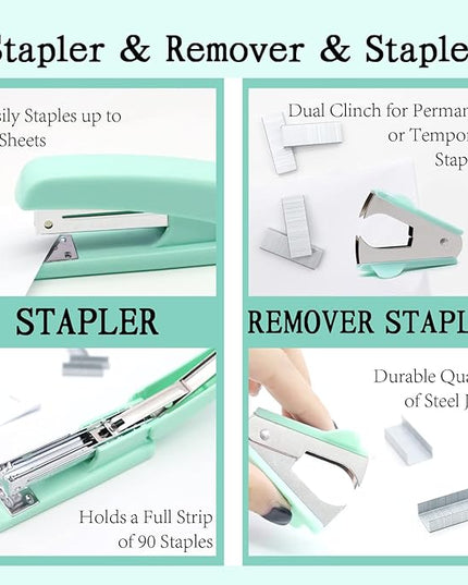 Green Office Supplies,UPIHO Teal Desk Accessories,Stapler and Tape Dispenser Set for Women with Stapler,Tape Dispenser,Staple Remover, Staples, Clips, Scissor and Tabs for Students, Office Clerks