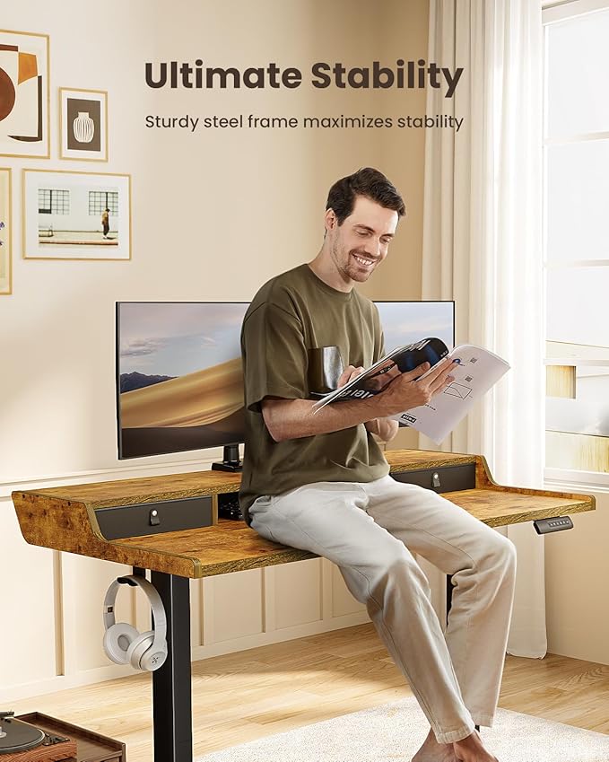 ErGear Electric Standing Desk with Drawers, 63″ x 28″ Gaming Table Compatible Monitor Stand, Stand up Desks, Home Office Height-Adjustable Desk with Storage Shelf, 4 Preset Heights, Vintage Brown