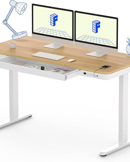 FLEXISPOT 55" Electric Standing Desk with Drawers, Quick Assembly Home Office Sit Stand Desk with Storage, USB Charging, Computer Desk for Home Office (Maple Top + White Adjustable Frame, Comhar)