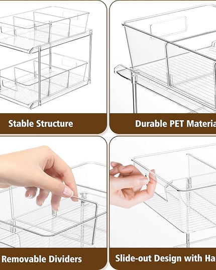 Pull-Out Home Organizers, 2 Tier Clear Bathroom Organizer with Dividers, Multipurpose Vanity Counter Tray, Kitchen, Closet Organizers and Storage Container Bins for Cabinet, Pantry