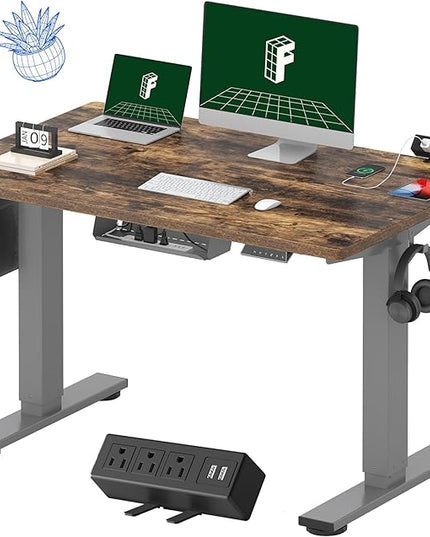 FLEXISPOT EN2 Whole-Piece Standing Desk with Clamp Power Strip, 48 x 30 Electric Stand Up Height Adjustable Desk with Cable Management (Gray Frame + 48" Rustic Brown Desktop, 2 Packages)