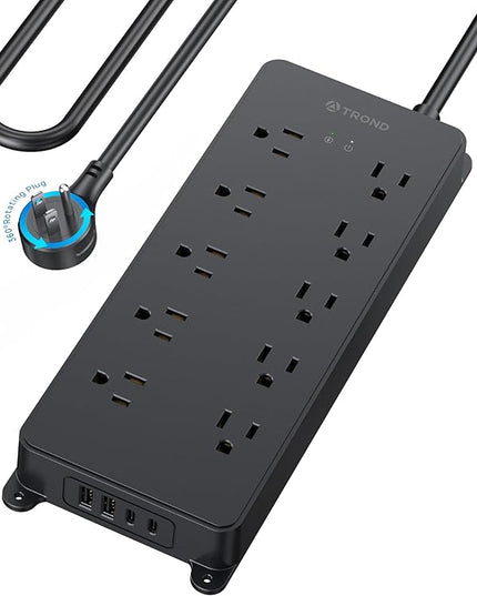TROND Surge Protector Power Strip 10ft, 360° Rotating Flat Plug, 4000J, ETL Listed, 10 Widely Spaced Outlets, 2 USB A and 2 USB C, Wall Mountable, for Home Office Entertainment, Black