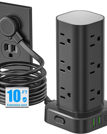Flat Plug Power Strip Tower Surge Protector, 10FT Flat Extension Cord with Multiple Outlets, 12 AC Outlets, 4 USB Ports (2 USB C) Charging Station for Office Home Dorm Room Travel (Black)