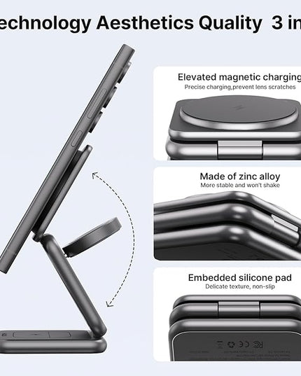 KU XIU Wireless Charger for Samsung,Aluminum Alloy Foldable 3 in 1 Wireless Charging Station for Samsung Galaxy S25 Ultra S24 S23 Note Z Fold 7 Flip/Buds,Fast Charger for Galaxy Watch Ultra 7 6 5 4