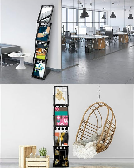 QWORK Magazine Brochure Display Rack Stand, 4 Pocket Foldable Literature Catalog Rack Book Holder Tradeshow Display Stand, for Office Store and Exhibition Trade Show (Black)