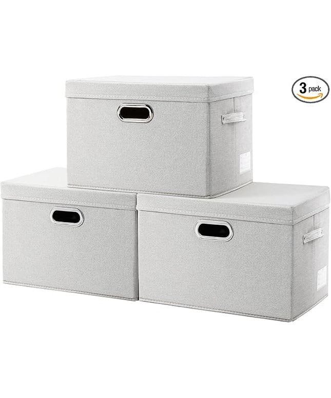 PRANDOM Large Collapsible Storage Bins with Lids [3-Pack] Fabric Foldable Storage Boxes Organizer Containers Baskets Cube with Cover for Home Bedroom Closet Office Beige(17.3x11.8x11.8)