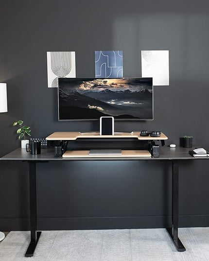VIVO 42 inch Height Adjustable Stand Up Desk Converter, V Series, Quick Sit to Stand Tabletop Dual Monitor Riser Workstation, Light Wood Top, Black Frame, DESK-V000VLO
