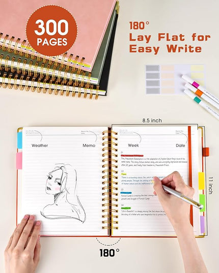 Hardcover Spiral Notebook 8.5"x11" Journal with Removable Dividers Tabs, 300 Pages Leather 5 Subject Notebook College Ruled, Large Notebooks for Work School, Lined Journal for Women, A4 Orange