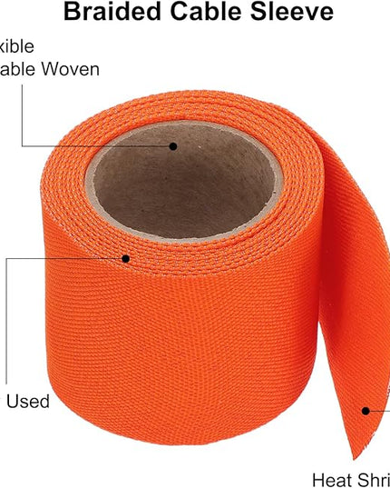 MECCANIXITY Braided Cable Sleeves Heat Shrinkable Fabric Sleeving, 2" 10ft Orange 2:1 Ratio Heat Shrinkable Cord Protector for Harness Cable, Network Cable Protection, Cable Management