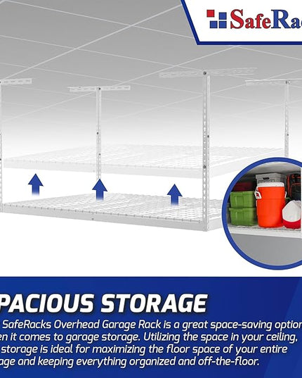 SafeRacks Overhead Garage Storage Rack - Heavy Duty Racks for Garage with 400 lb Capacity, Easy Garage Shelving, Adjustable Storage Rack, Ceiling Mount Storage Shelves 3x6 White (24"-45")