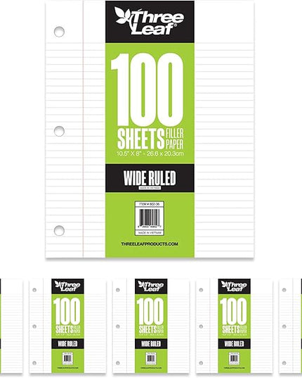 THREE LEAF 100 SHEETS WIDE RULED FILLER PAPER, PACK OF 6, LOOSE-LEAF SHEETS FOR SCHOOL AND OFFICE 100 CT. FILLER PAPER, NOTEBOOK PAPER