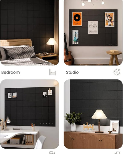 Large Felt Bulletin Board 48" x 36", 12-Pack 4-Compartment Wall Organizer, Cork Board Alternative with 70 Removable Adhesive Tabs, Modular Felt Panels for Home Office, Classroom and Study-Black