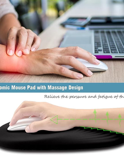Black Ergonomic Mouse Pad Wrist Support, Mouse Pad with Wrist Rest, Memory Foam Massage Design & Non-Slip PU Base Cute MousePads for Pain Relief, Desk, Office, Home