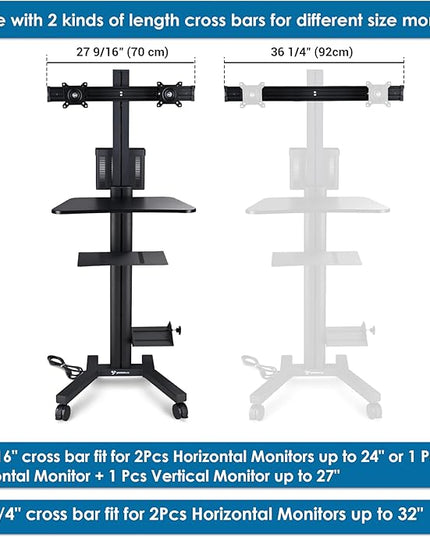 Yescom Mobile PC Stand Workstation with Dual Monitor Mount for Screen Up to 32" Black