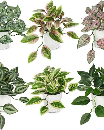 Hollyone Fake Plants 6 Pack Artificial Plants Indoor Faux Plant with White Plastic Pot Small Fake Potted Plant for Home Aesthetic Living Room Bathroom Desk Shelf Office Decor