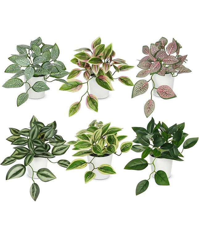 Hollyone Fake Plants 6 Pack Artificial Plants Indoor Faux Plant with White Plastic Pot Small Fake Potted Plant for Home Aesthetic Living Room Bathroom Desk Shelf Office Decor