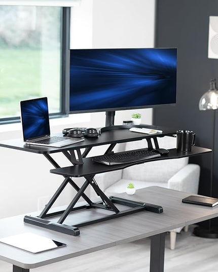 VIVO 48 inch Desk Converter, K Series, Height Adjustable Sit to Stand Riser, Dual Monitor and Laptop Workstation with Wide Keyboard Tray, Black, DESK-V048KB