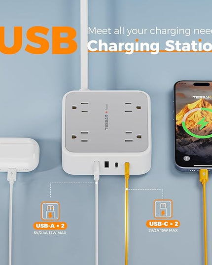 TESSAN Surge Protector Power Strip, 5 FT Extension Cord with Multiple Outlets Flat Plug, 4 USB (2 USB C) and 8 AC Outlets, 900 Joules Protection, Wall Mount Charging Station for Home, Office, Dorm