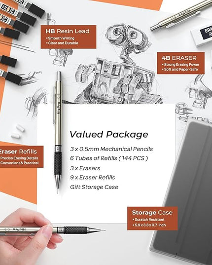 Nicpro 0.5 mm Art Mechanical Pencil Set in Storage Case, 3 PCS Metal Drafting Pencil Lead Pencil with 6 Tube HB Refills, 3 Erasers, 9 PCS Eraser Refills for Artist Writing, Drawing, Sketching