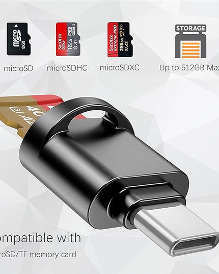 USB C Micro SD Card Reader for Android Phone, Camera, Laptop with Keychain, Mini Metal Type-C Card Reader (Black)