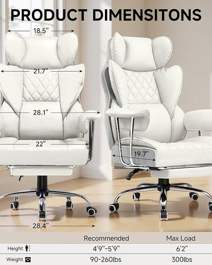 COMHOMA Big and Tall Office Chair, High Back Leather Gaming Chair with Footrest, Executive Ergonomic Office Chairs with Pocket Spring Lumbar Support and with Outward Fixed Soft Armrests