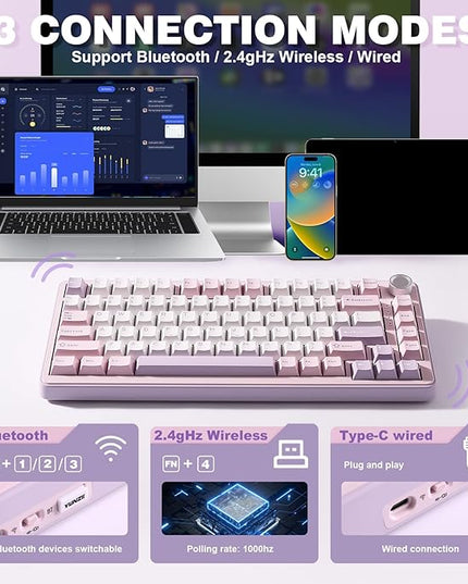 YUNZII B75 PRO Wireless Mechanical Keyboard,75% Layout with Knob,Hot Swap Gasket Custom Structure,Creamy Pre-lubed Switches,RGB Backlit,Bluetooth/Type-C/2.4G for Win/Mac(Cocoa Cream V2 Switch,Purple)
