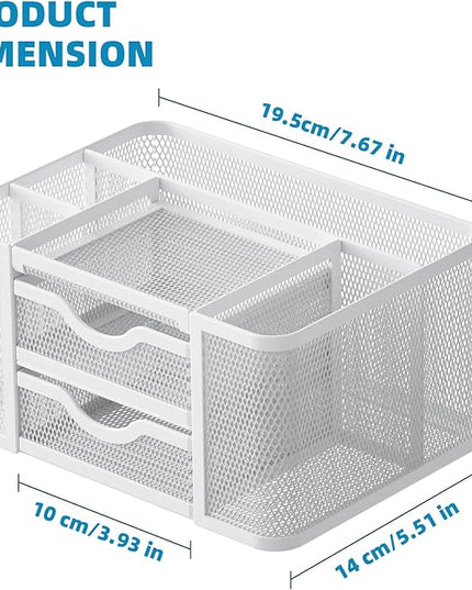 Marbrasse Mesh Desk Organizer, Pen Organizer with 2 Drawer, Multi-Functional Pencil Holder, Desk Organizers and Accessories with 5 Compartments + Drawer for Office Art Supplies (White)