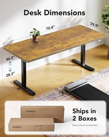 HUANUO 71 x 30 inch Electric Standing Desk, Powerful Brushless Motor Large Height Adjustable Table, 4 Memory Preset Sit Stand Up Desk, Home Office Computer Table with Thick T-Shaped Frame, Vintage