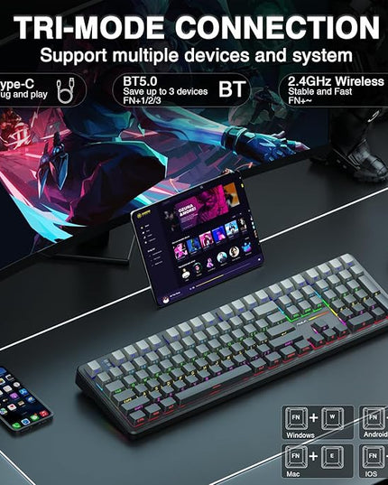 AULA F108 Wireless Mechanical Keyboard, Full Size Gaming Keyboard with Number Pad, Side Printed PBT Keycaps, Pre-lubed Switches, RGB Backlit, Hot Swappable Creamy Sounding Computer Keyboards, 108 keys