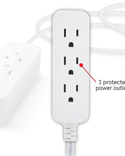 GE 3-Outlet Power Strip Surge Protector 15 Ft Braided Extension Cord with Multiple Outlets Grounded Flat Plug UL Listed White 40530