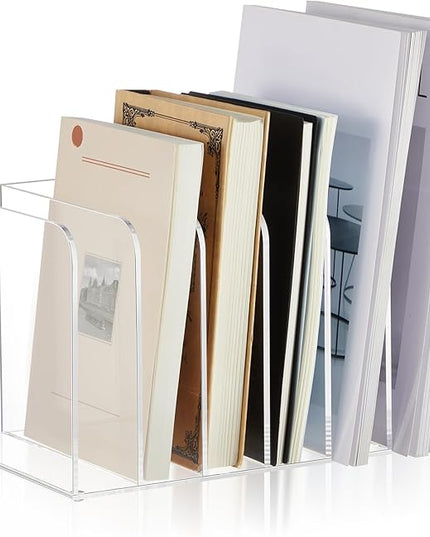 Suzile Clear Acrylic Magazine File Holder with Vertical Compartments Desk Organizer Book Rack for Desk Sorter Paper Folder Office Accessories (Classic,10.5 x 6.9 x 6.3 Inch)
