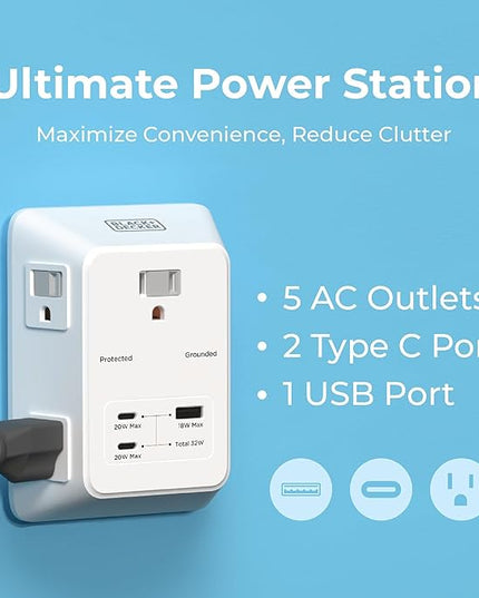BLACK+DECKER PD USB Wall Charger Surge Protector, 2-Pack, 5 Outlet Extender 2 USB C & 1 USBA Charging Ports, Fast Charge 3 Sided Power Strip Multi Plug Outlets Wall Adapter for Home Office, ETL Listed