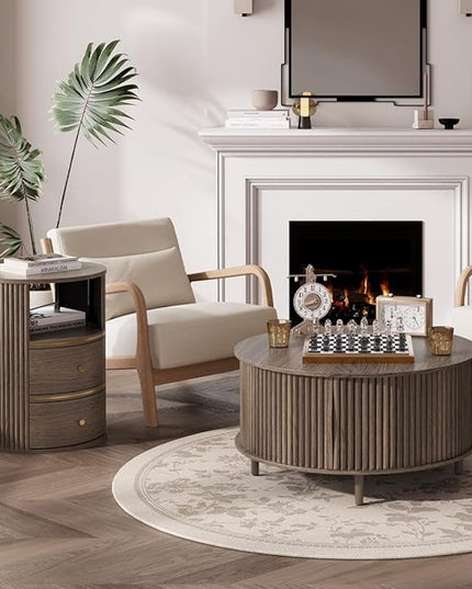 JOINICE Round Coffee Table and End Table Set,31.5" Mid Century Modern Living Room Furniture, Walnut Fluted Center Table with Storage & Matching Side Table for Small Space