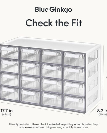 Blue Ginkgo Medium 16-Drawer Cabinet – Stackable Clear Organizer for Hardware, Beads, Plastic Bricks, Office, and Craft Storage (Made in Korea, Gray)