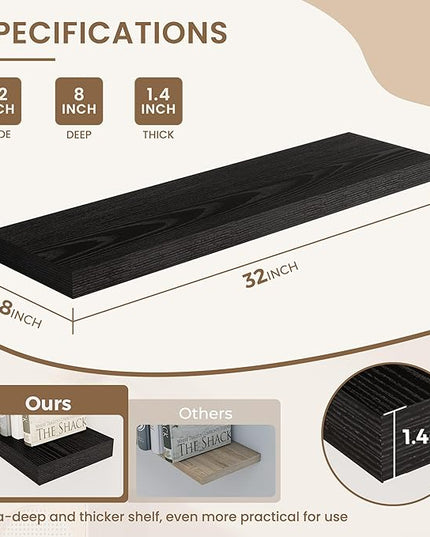 Dreamland 8" Deep Long Floating Shelves, 32 Inches Floating Shelves for Wall Set of 2, Large Display & Storage Shelf, Wall Shelf for Bathroom Bedroom Living Room Kitchen Office, Black