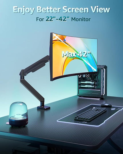 Heavy Duty Single Monitor Arm for Max 42 Inch Screens, Monitor Mount for Desk Supports 4.4-33 lbs, Height Adjustable Ultrawide Monitors Stand with C-Clamp & Grommet Base, VESA Mount 70/100