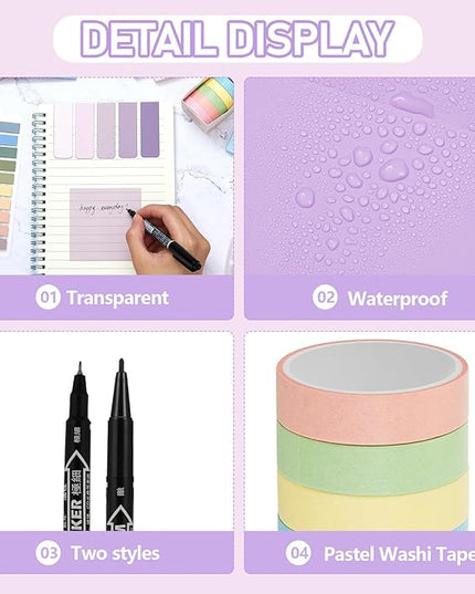 Sinload 60 Pcs Aesthetic Book Annotation Kit School Supplies Cute Pencil Case 12 Highlighter 5 Gel Pen 6 Mechanical Pencil 5 Magnetic Bookmark 1220 Pcs Sticky Note Tab Student Stationary(Purple)