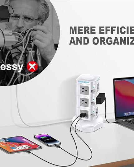 Power Strips Surge Protector 1800J, ODOM Power Strip Tower with 15W Wireless Charger, 13A,4 USB Ports + 10 AC Outlets + 6 Ft Retractable Extension Cord,Plug Outlet Charging Tower for Home Office