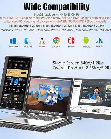 KEFEYA 14'' Triple Laptop Monitor Extender with Metal Base, 360° Rotation 1080P Portable Laptop Screen Extender for 12-17.3'' Laptops-Compatibility for Windows, Surface, MacBook, Switch, Plug & Play