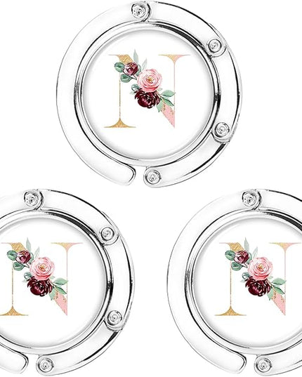 Iqimott 3pcs Personalized Initial Foldable Purse Hook for Table, Flower Letter Folding Handbag Hanger Portable Magnet Table Hook Holder, Collection Desk Purse Hooks for Women Bag (Pink-N)
