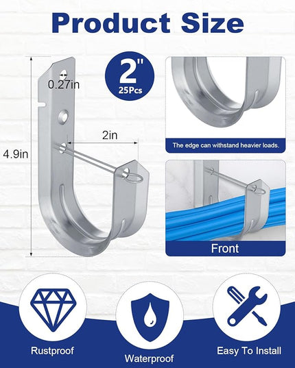 25 Pcs 2" Galvanized Steel J-Hooks, Heavy Duty Wall Mount Cable Support J Hook with Retainer Clip for Cable Management